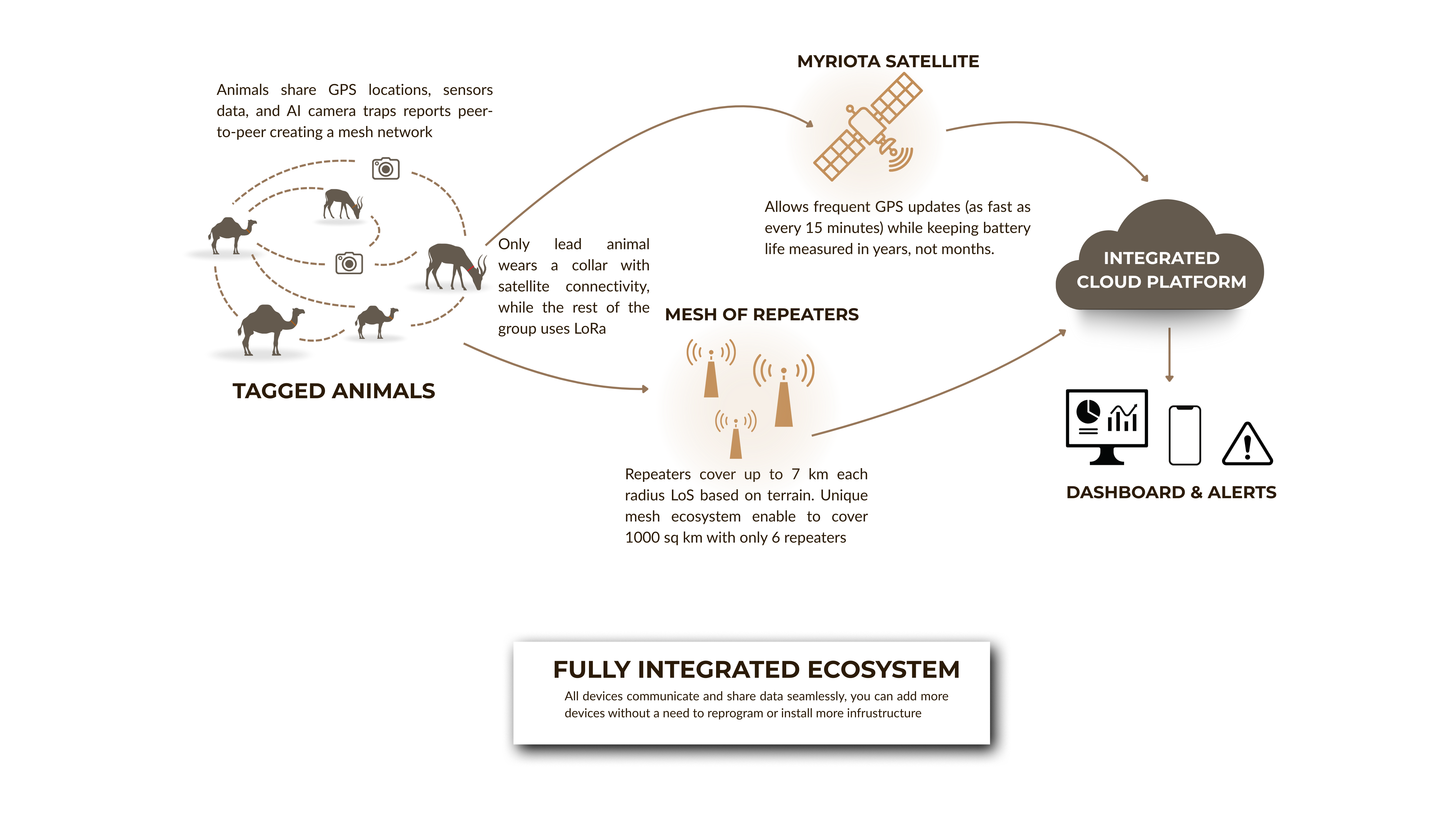 How it works: from tagged animals through satellite, UHF tower, transceiver and receiver to AWT Cloud, then to Web, Mobile and PC